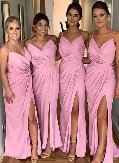 Sheath/Column V-Neck Sleeveless Jersey Bridesmaid Dresses With Split Front