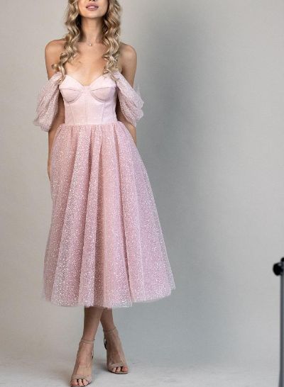 Off-The-Shoulder Sparkly Sequined Tea-Length Cocktail Dresses