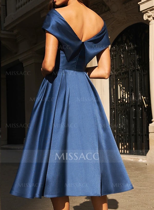 A-Line Off-The-Shoulder Tea-Length Satin Cocktail Dresses