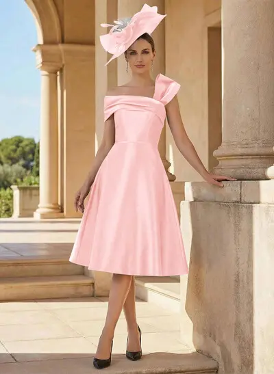 white christmas dresses Light Pink Off Shoulder Knee Length Bridesmaid Dress, Pink Satin Homec –  Cutedressy