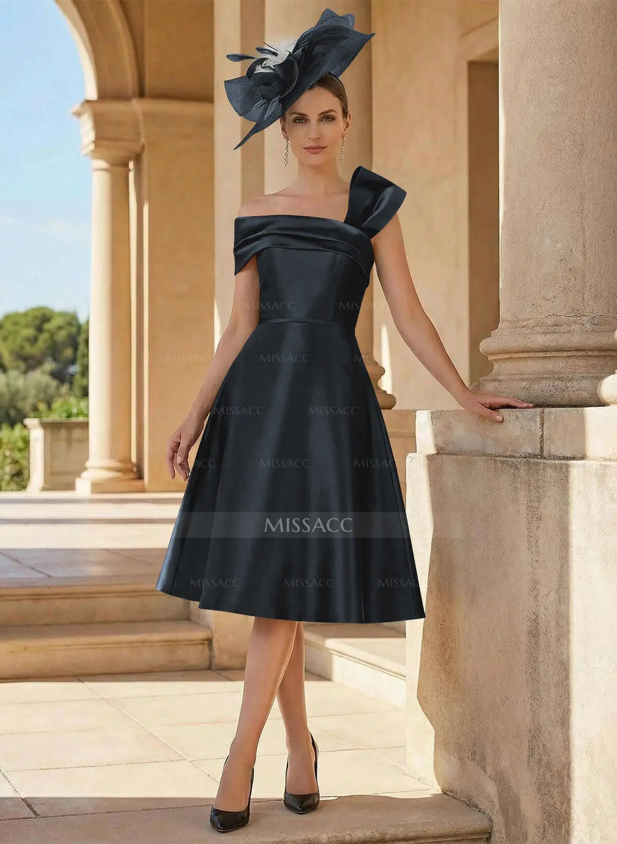 navy blue dress for baby girl Charming Evening Dress A-Line V-Neck Knee-Length Short Sleeves Lace-Up Pleated Satin Fabric Cocktail Dress Little Black Dress main image 1