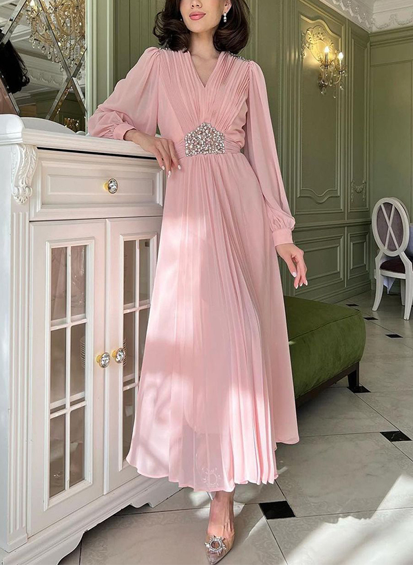 A-Line V-Neck Long Sleeves Chiffon Cocktail Dresses With Rhinestone