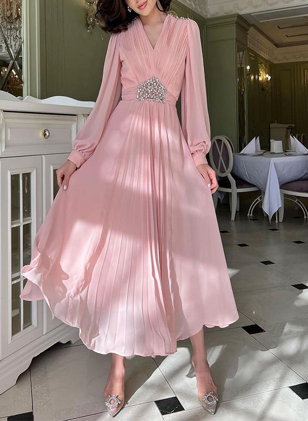 A-Line V-Neck Long Sleeves Chiffon Cocktail Dresses With Rhinestone
