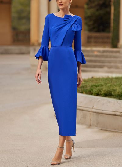 Sheath/Column Scoop Neck 3/4 Sleeves Silk Like Satin Cocktail Dresses With Bow(s)