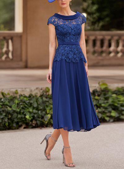 A-Line Scoop Neck Short Sleeves Tea-Length Chiffon Cocktail Dresses With Lace