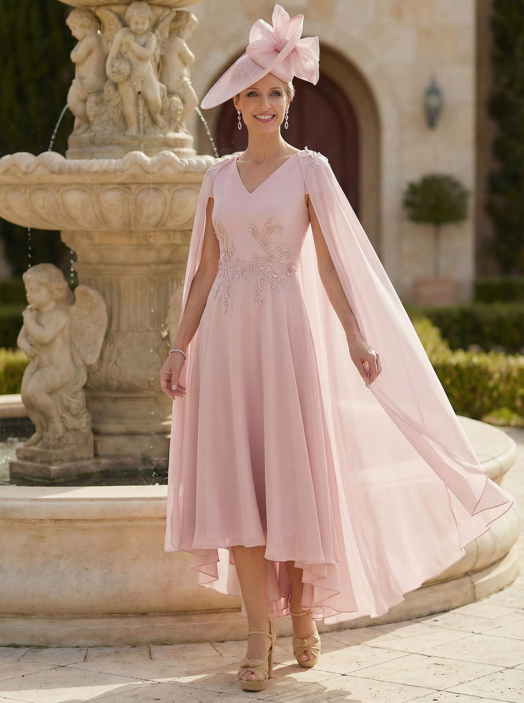 A-Line V-Neck Short Sleeves Chiffon Cocktail Dresses With Appliques Lace