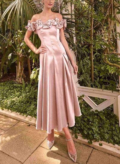 A-Line Off-The-Shoulder Sleeveless Ankle-Length Satin Cocktail Dresses With Bow(s)