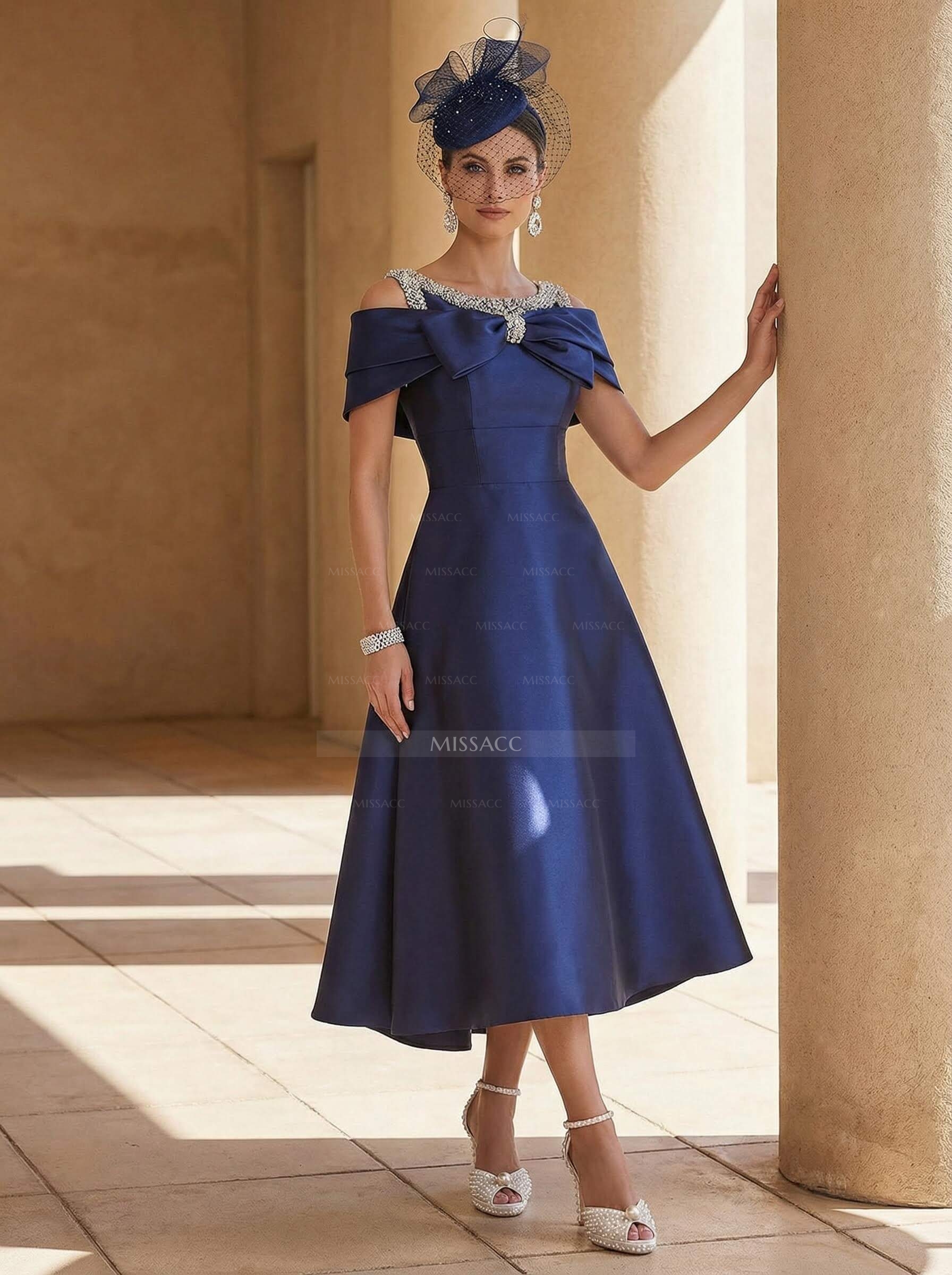 A-Line Sleeveless Tea-Length Satin Cocktail Dresses With Bow(s)