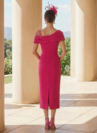 Sheath/Column Asymmetrical Sleeveless Tea-Length Elastic Satin Cocktail Dresses With Lace