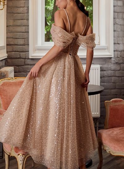 A-Line Off-The-Shoulder Sleeveless Tea-Length Sequined Cocktail Dresses