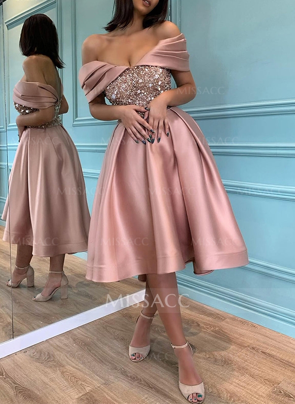 A-Line Off-The-Shoulder Sleeveless Tea-Length Cocktail Dresses