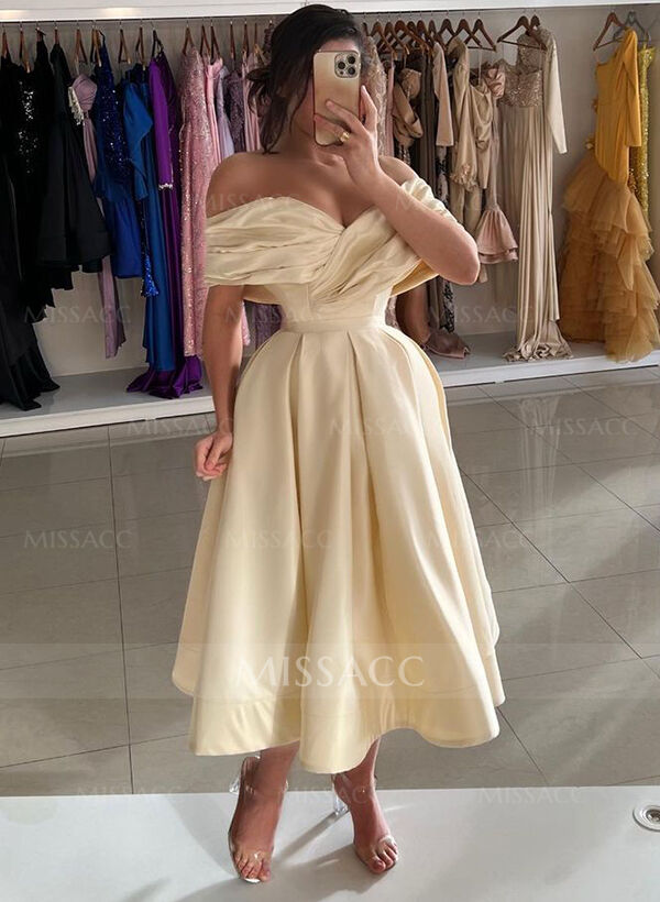 A-Line Off-The-Shoulder Sleeveless Tea-Length Cocktail Dresses