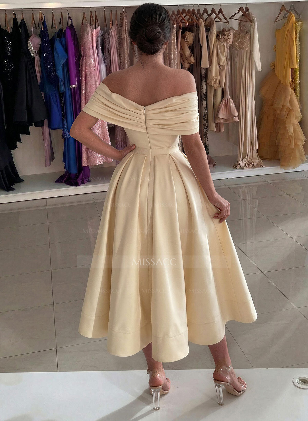 A-Line Off-The-Shoulder Sleeveless Tea-Length Cocktail Dresses