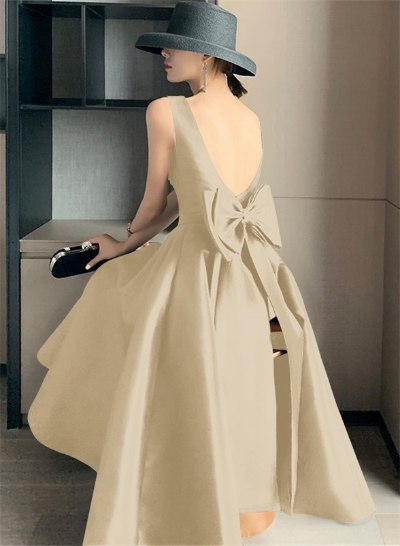 A-Line Square Neckline Sleeveless Satin Cocktail Dresses With Bow(s)