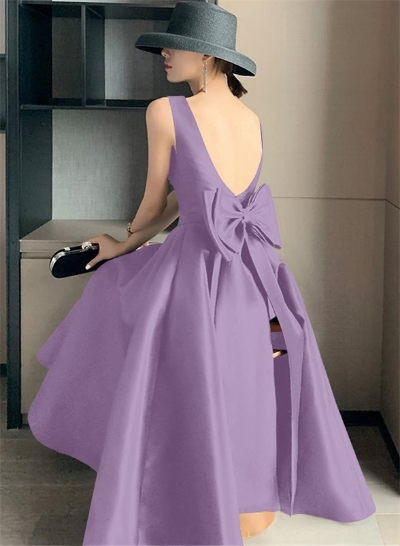 A-Line Square Neckline Sleeveless Satin Cocktail Dresses With Bow(s)
