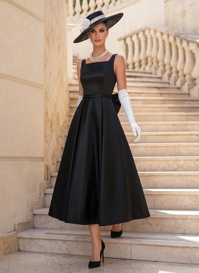 A-Line Square Neckline Sleeveless Satin Cocktail Dresses With Bow(s)