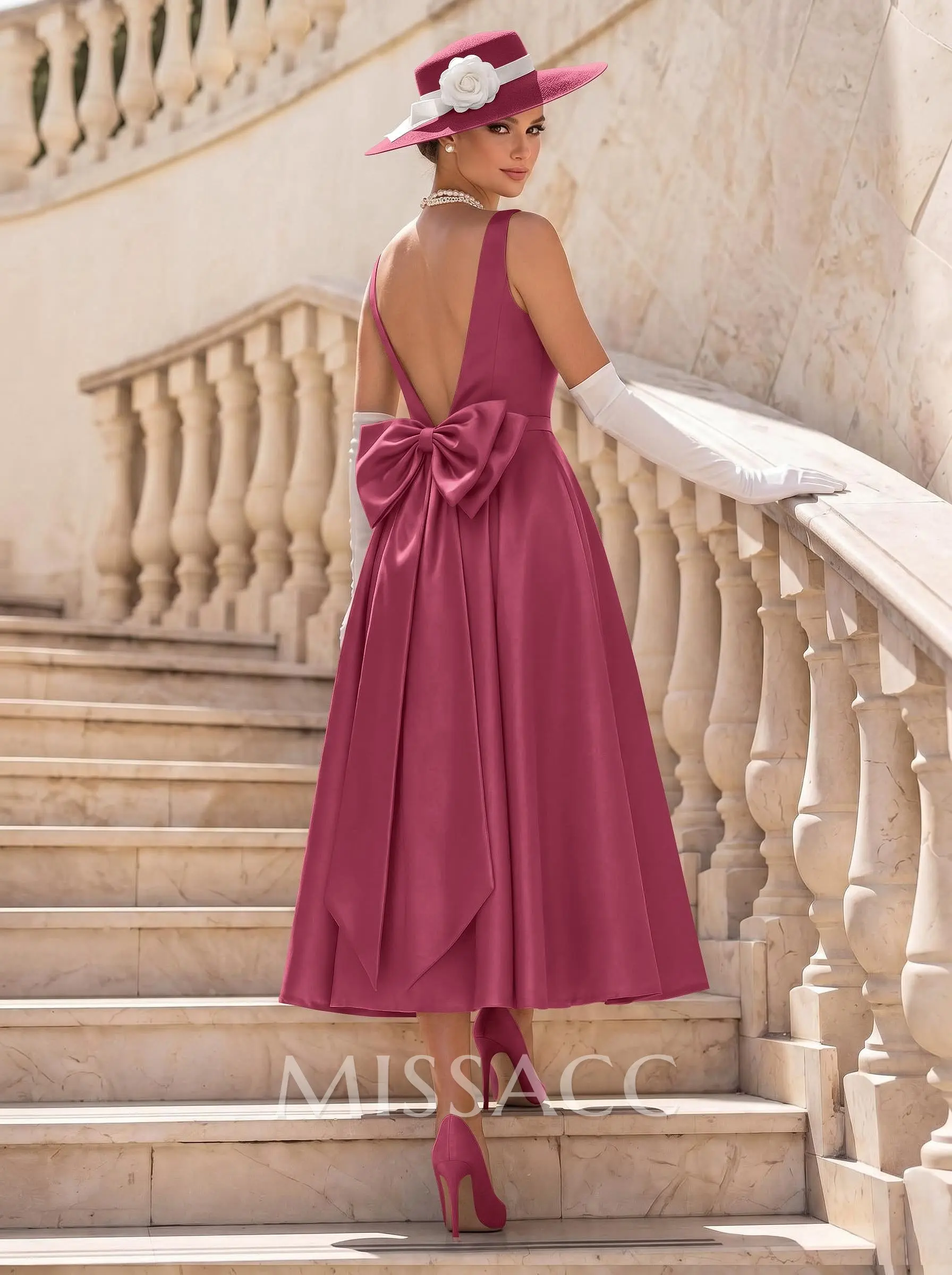 formal dresses macarthur square Missacc Burgundy Cocktail A-Line Neckline Sleeveless Satin Cocktail Dresses With Bow(s) Q3c