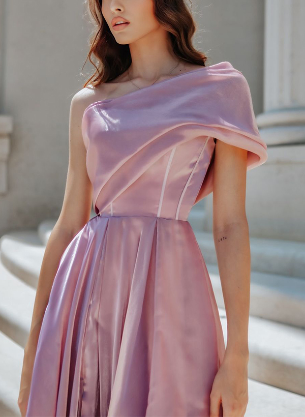 A-Line One-Shoulder Sleeveless Tea-Length Tulle Cocktail Dresses With Split Front