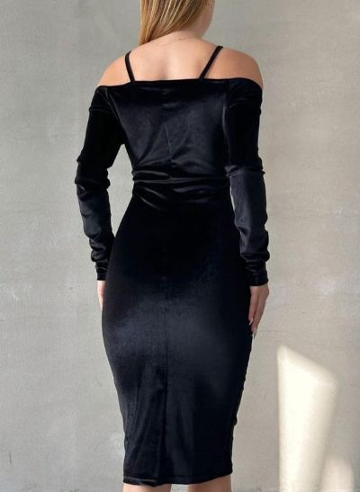 Sheath/Column Long Sleeves Knee-Length Velvet Cocktail Dresses