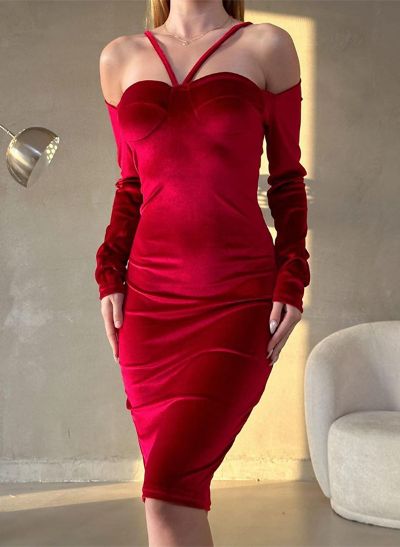 Sheath/Column Long Sleeves Knee-Length Velvet Cocktail Dresses