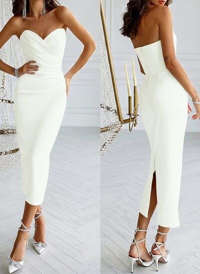Sheath/Column Sweetheart Sleeveless Tea-Length Elastic Satin Cocktail Dresses