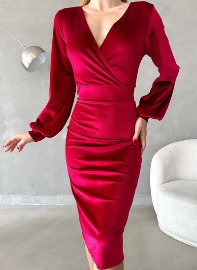 Sheath/Column V-Neck Long Sleeves Knee-Length Velvet Cocktail Dresses