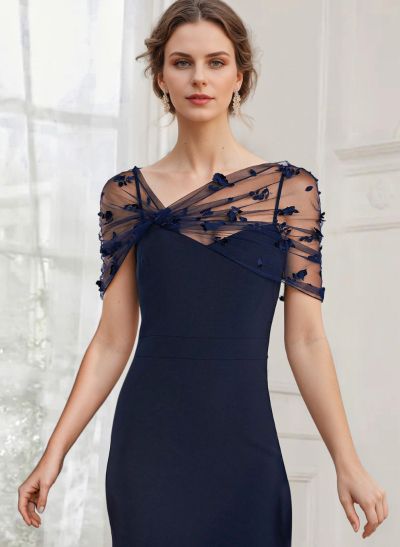 Sheath/Column Illusion Neck Short Sleeves Elastic Satin Cocktail Dresses With Lace