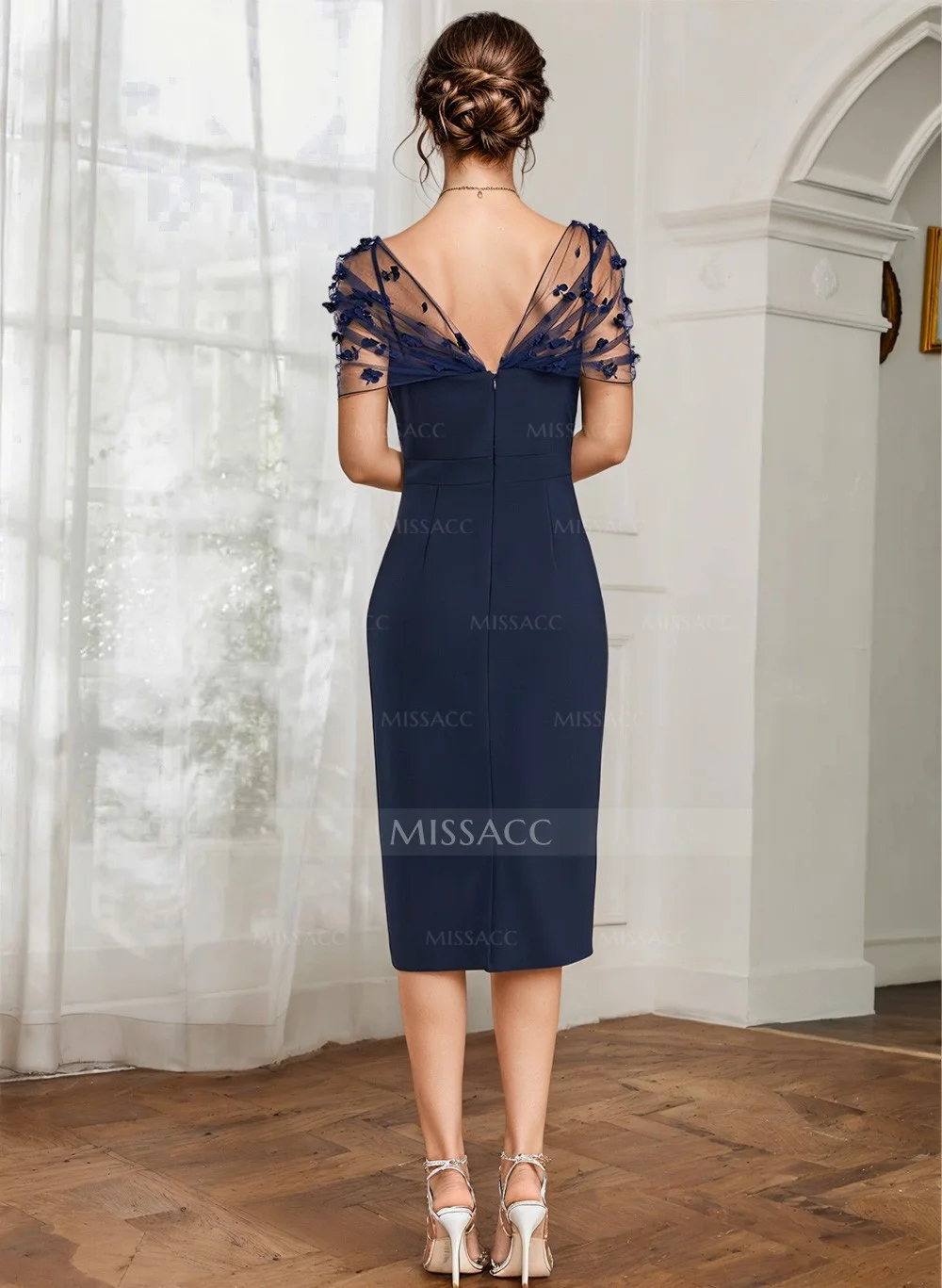 Sheath/Cloumn High Neck Lace Midi Cocktail Dresses with Back Slit