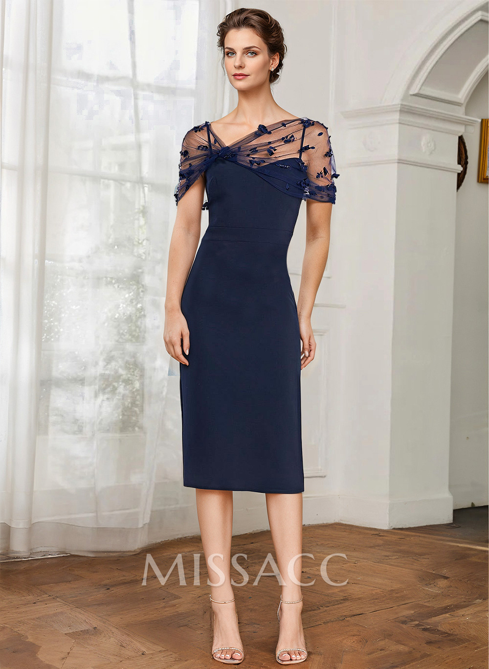 Sheath/Column Illusion Neck Short Sleeves Elastic Satin Cocktail Dresses With Lace