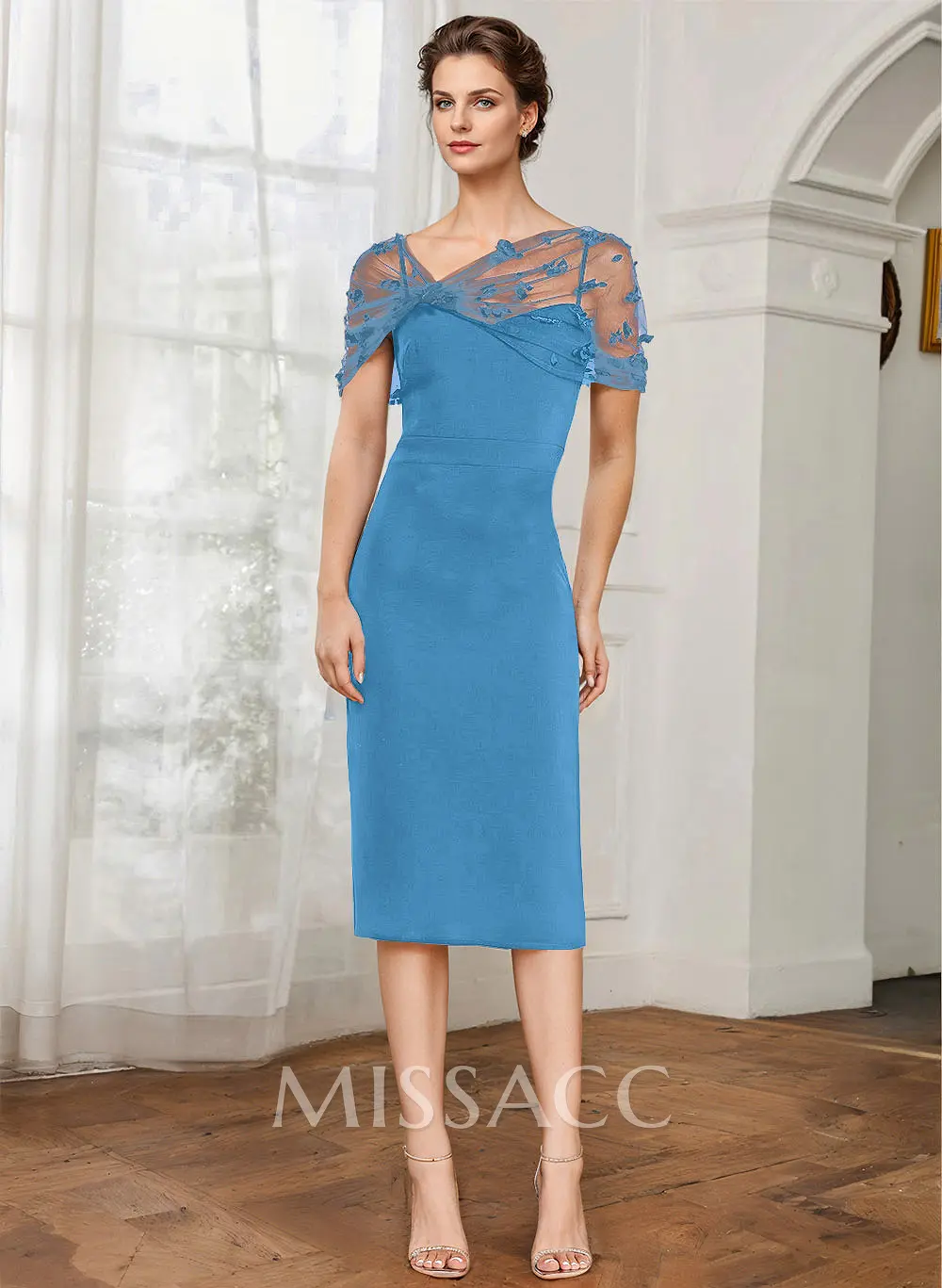 Missacc Slate Blue Cocktail Dresses Sheath/Column Illusion Neck Short Sleeves Elastic Satin Cocktail Dresses With Lace