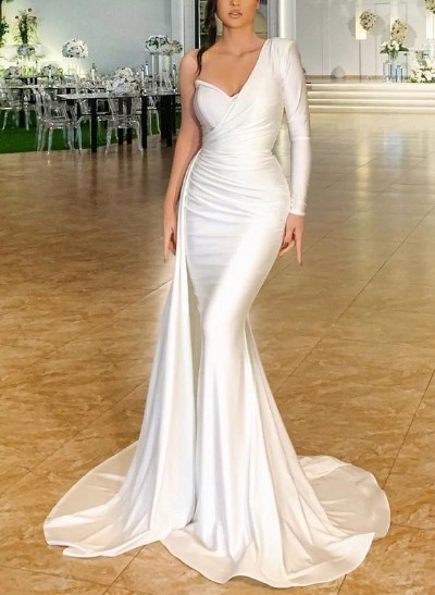 Trumpet/Mermaid One-Shoulder Jersey Bridesmaid Dresses With Cascading Ruffles