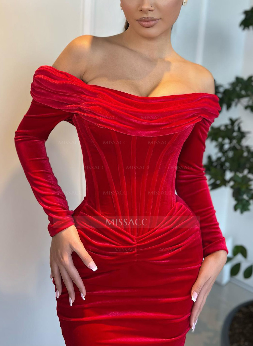 Velvet Off-The-Shoulder Long Sleeves Trumpet/Mermaid Evening Dresses
