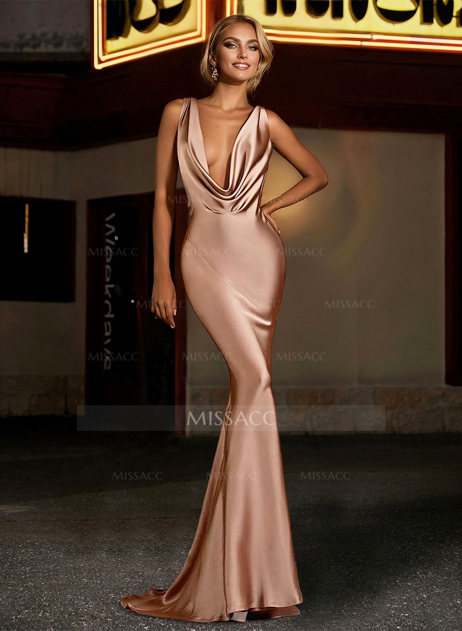 Trumpet/Mermaid Cowl Neck Sleeveless Silk Like Satin Evening Dresses With Back Hole