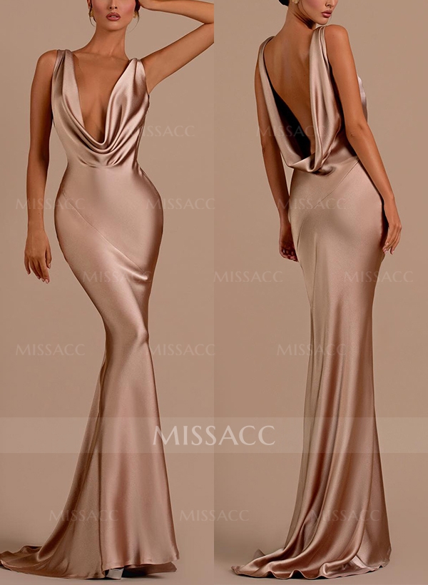 Trumpet/Mermaid Cowl Neck Sleeveless Silk Like Satin Evening Dresses With Back Hole