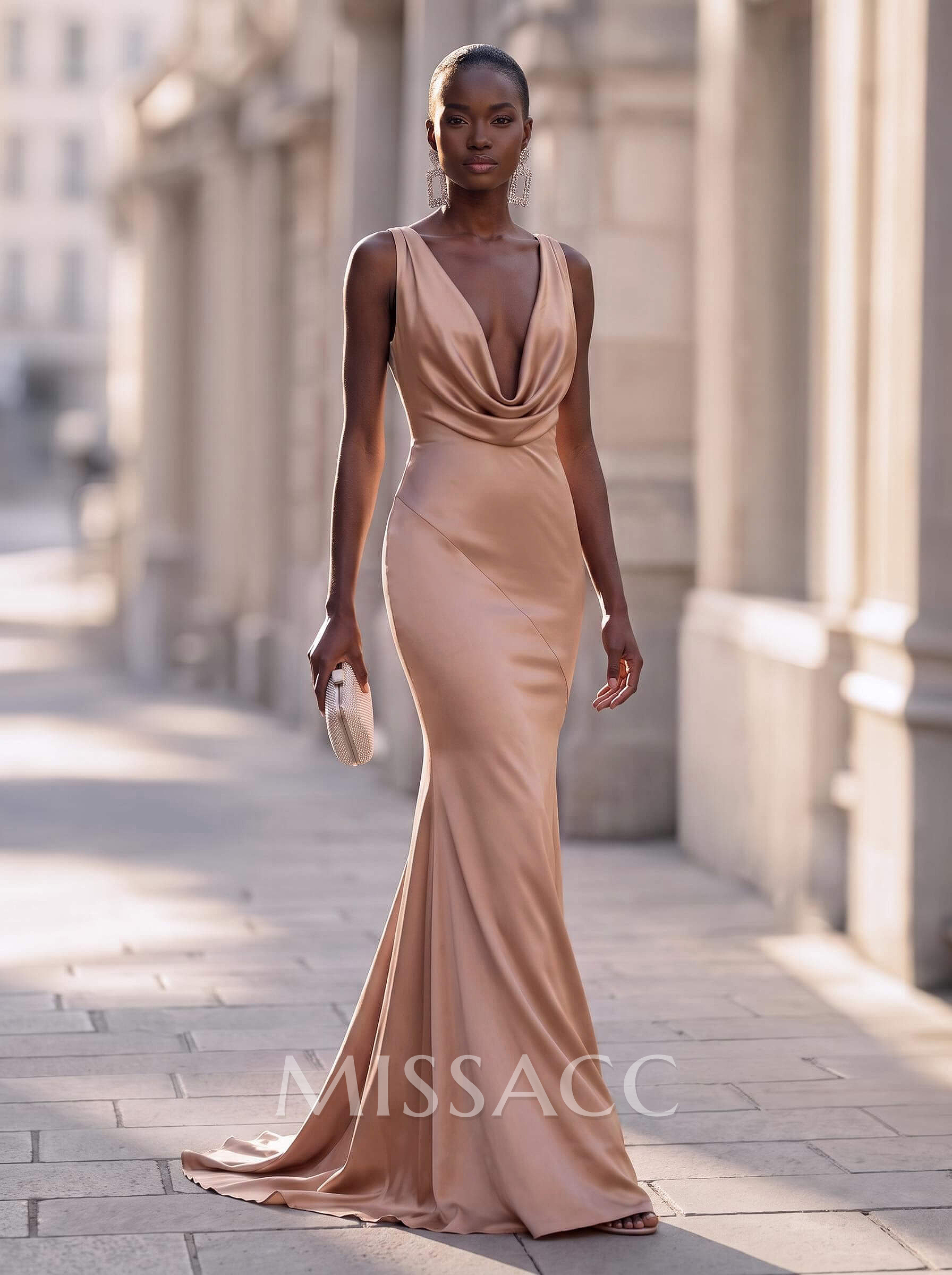 Trumpet/Mermaid Cowl Neck Sleeveless Silk Like Satin Evening Dresses With Back Hole