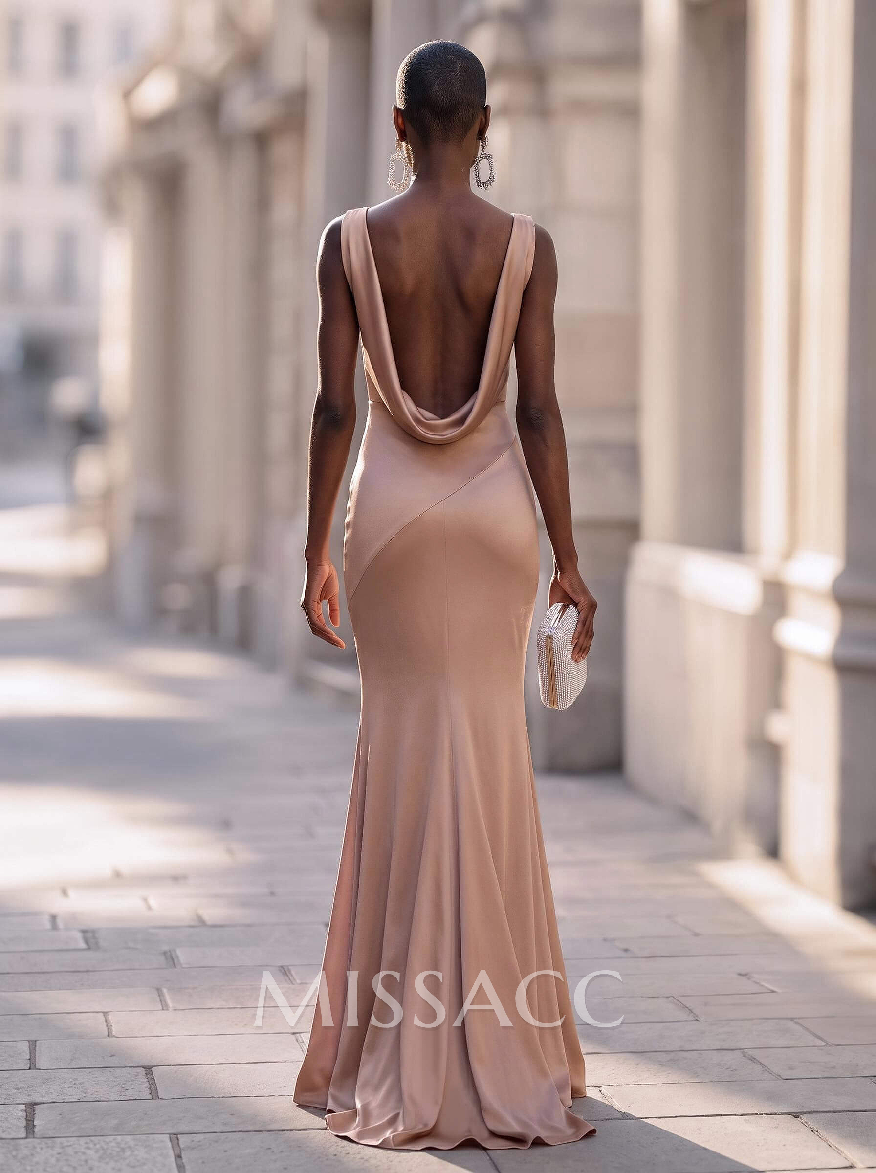 Trumpet/Mermaid Cowl Neck Sleeveless Silk Like Satin Evening Dresses With Back Hole