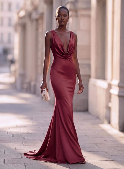 Trumpet/Mermaid Cowl Neck Sleeveless Silk Like Satin Evening Dresses With Back Hole