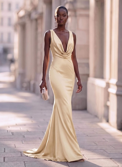Trumpet/Mermaid Cowl Neck Sleeveless Silk Like Satin Evening Dresses With Back Hole