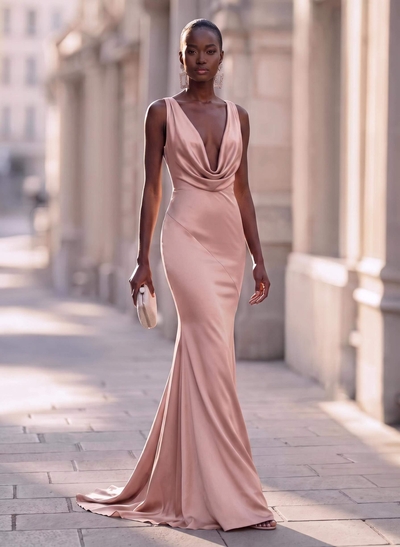 Trumpet/Mermaid Cowl Neck Sleeveless Silk Like Satin Evening Dresses With Back Hole