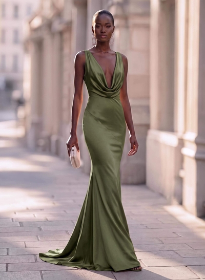 Trumpet/Mermaid Cowl Neck Sleeveless Silk Like Satin Evening Dresses With Back Hole