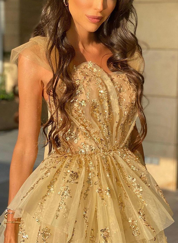 Ball-Gown Sleeveless Asymmetrical Sequined Cocktail Dresses