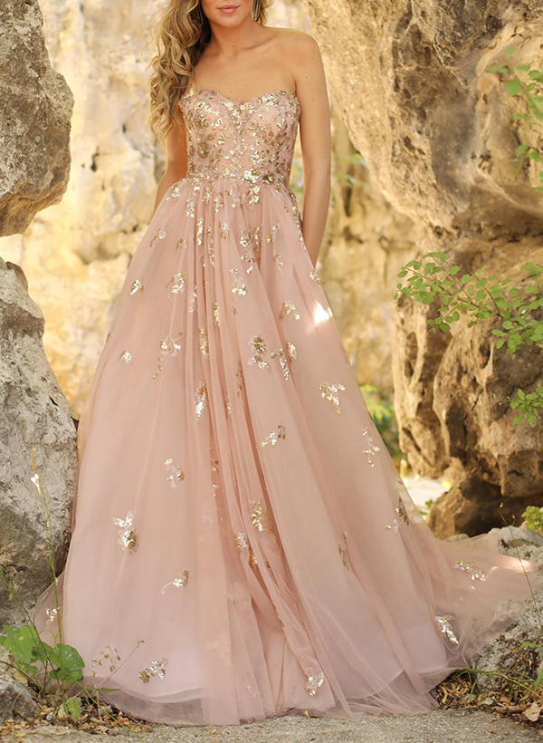 A-Line Sweetheart Sleeveless Floor-Length Tulle Prom Dresses With Sequins