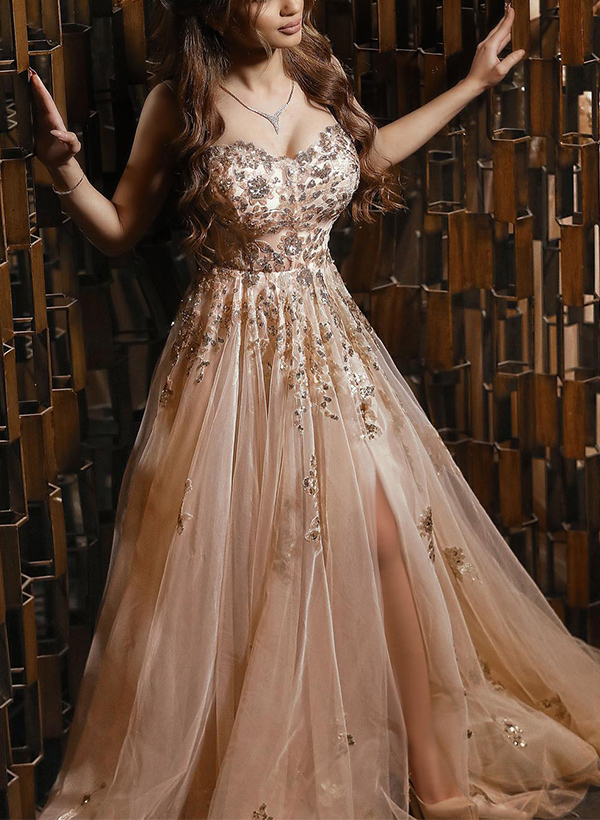 A-Line Sweetheart Sleeveless Floor-Length Tulle Prom Dresses With Sequins