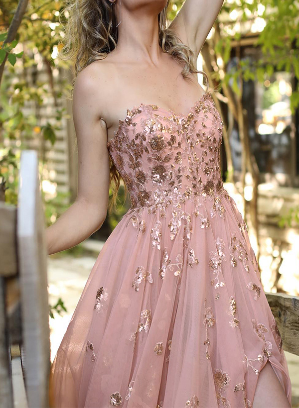 A-Line Sweetheart Sleeveless Floor-Length Tulle Prom Dresses With Sequins