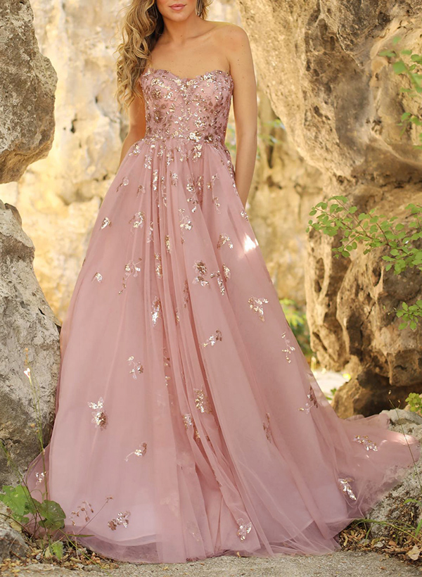 A-Line Sweetheart Sleeveless Floor-Length Tulle Prom Dresses With Sequins