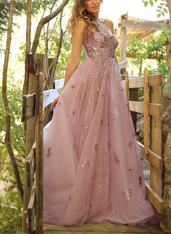 A-Line Sweetheart Sleeveless Floor-Length Tulle Prom Dresses With Sequins