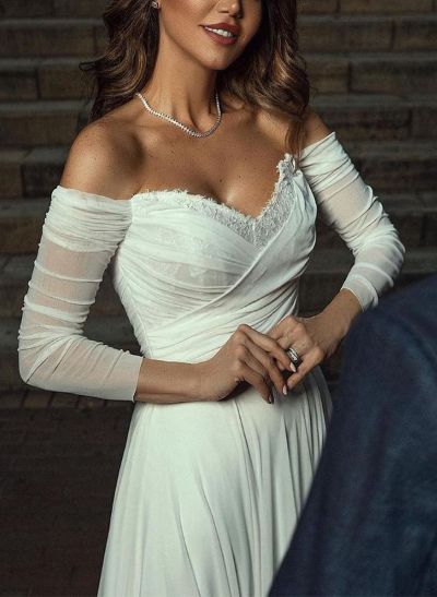 Sheath/Column Off-The-Shoulder Long Sleeves Chiffon Wedding Dresses With Lace