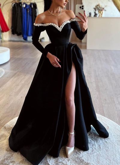 A-Line Off-The-Shoulder Long Sleeves Satin Evening Dresses With Beading
