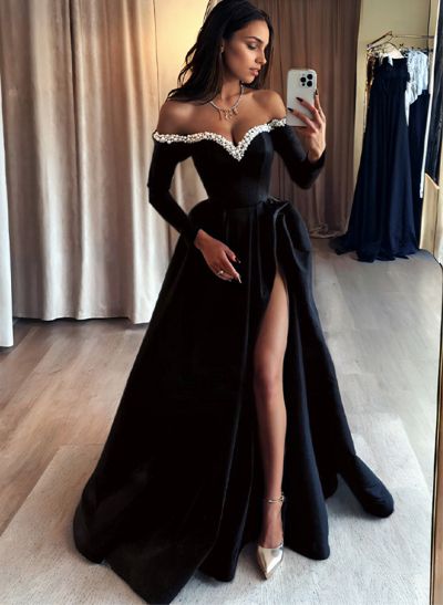 A-Line Off-The-Shoulder Long Sleeves Satin Evening Dresses With Beading