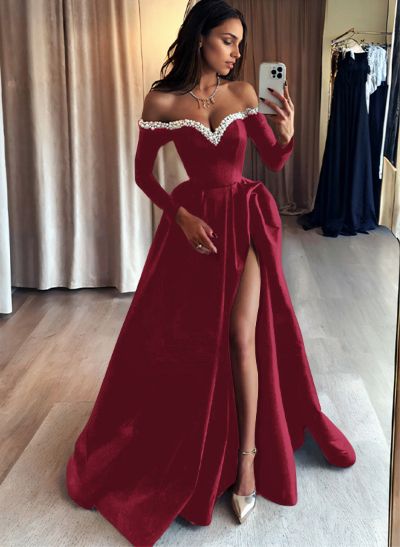 A-Line Off-The-Shoulder Long Sleeves Satin Evening Dresses With Beading